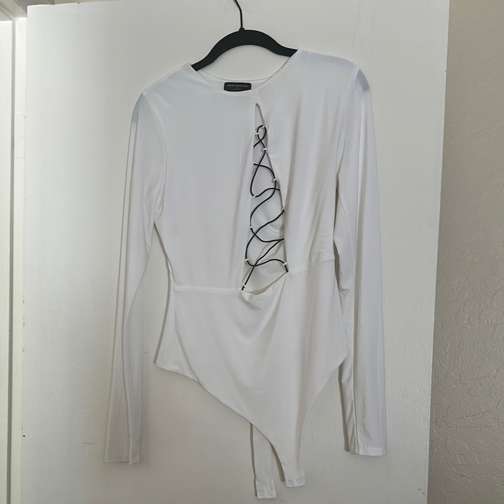 Naked Wardrobe White Asymmetrical Tie Front Bodysuit